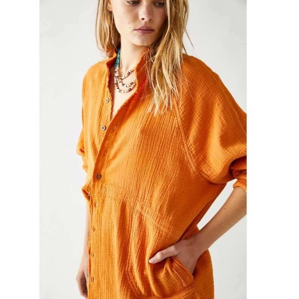 Free People WTF Summer Daydream Button Down Shirt M Orange Boho Oversized Gauze
